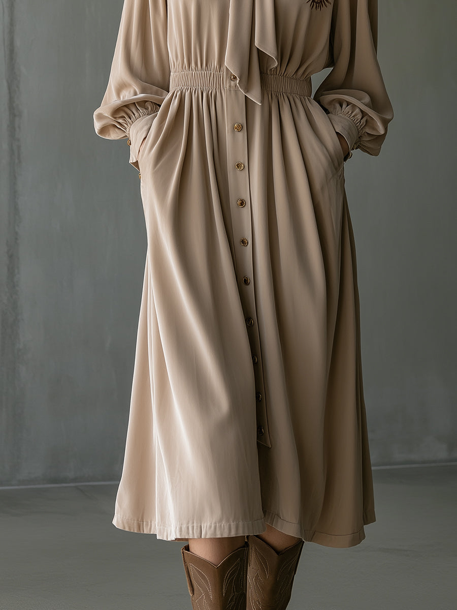 Vintage Romantic Golden Taupe Bow-Tie Embroidered Midi Dress