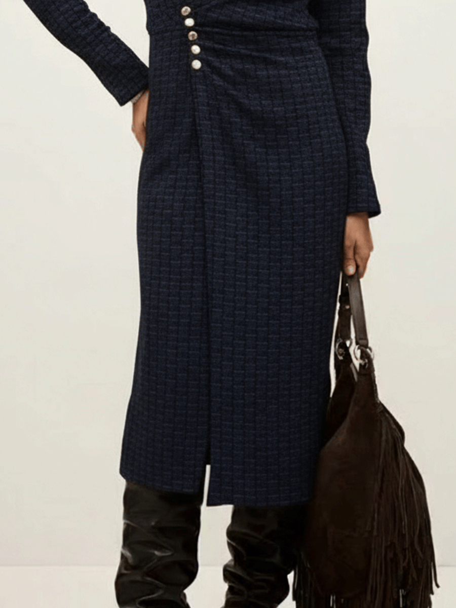Chic Dark Blue Textured Side Buttons Midi Dress