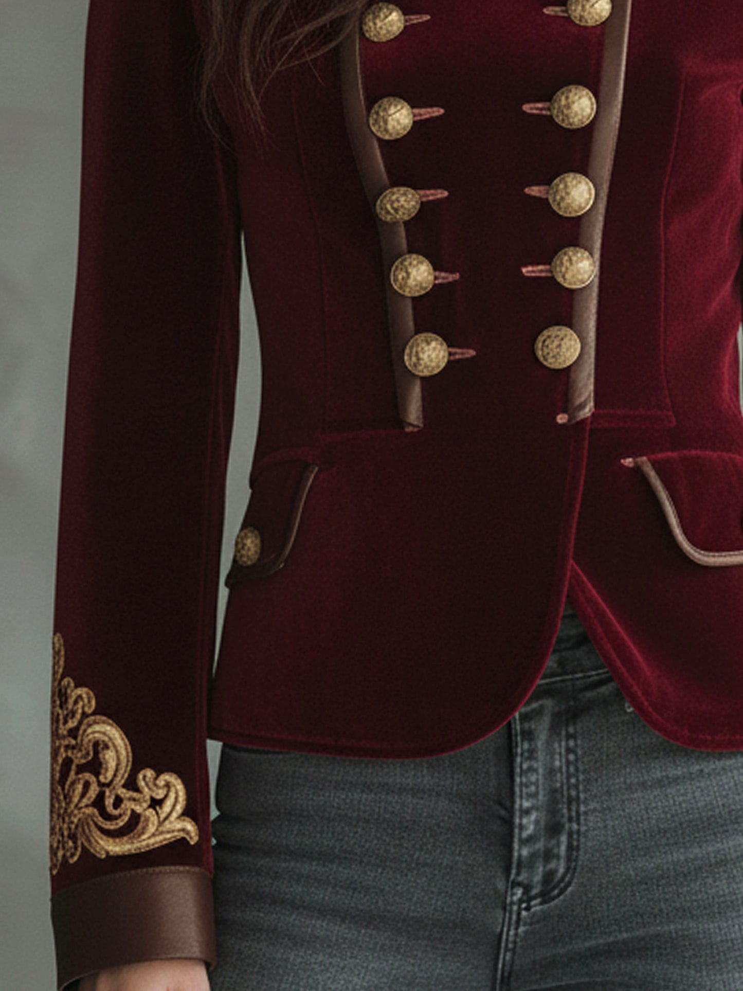 Retro Burgundy Embroidered Military Blazer With Brown Trim