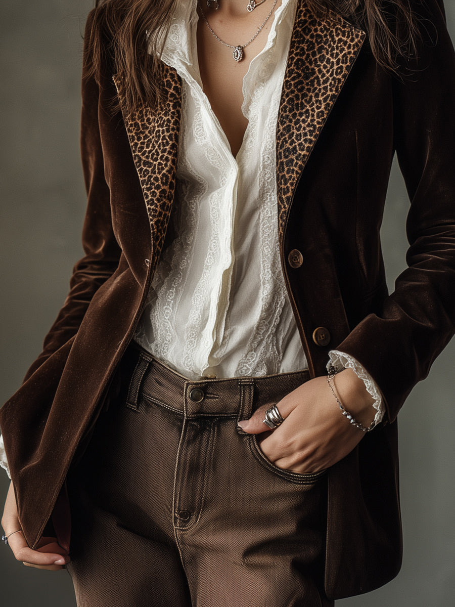 Retro Velvet Leopard Print Patchwork Jacket