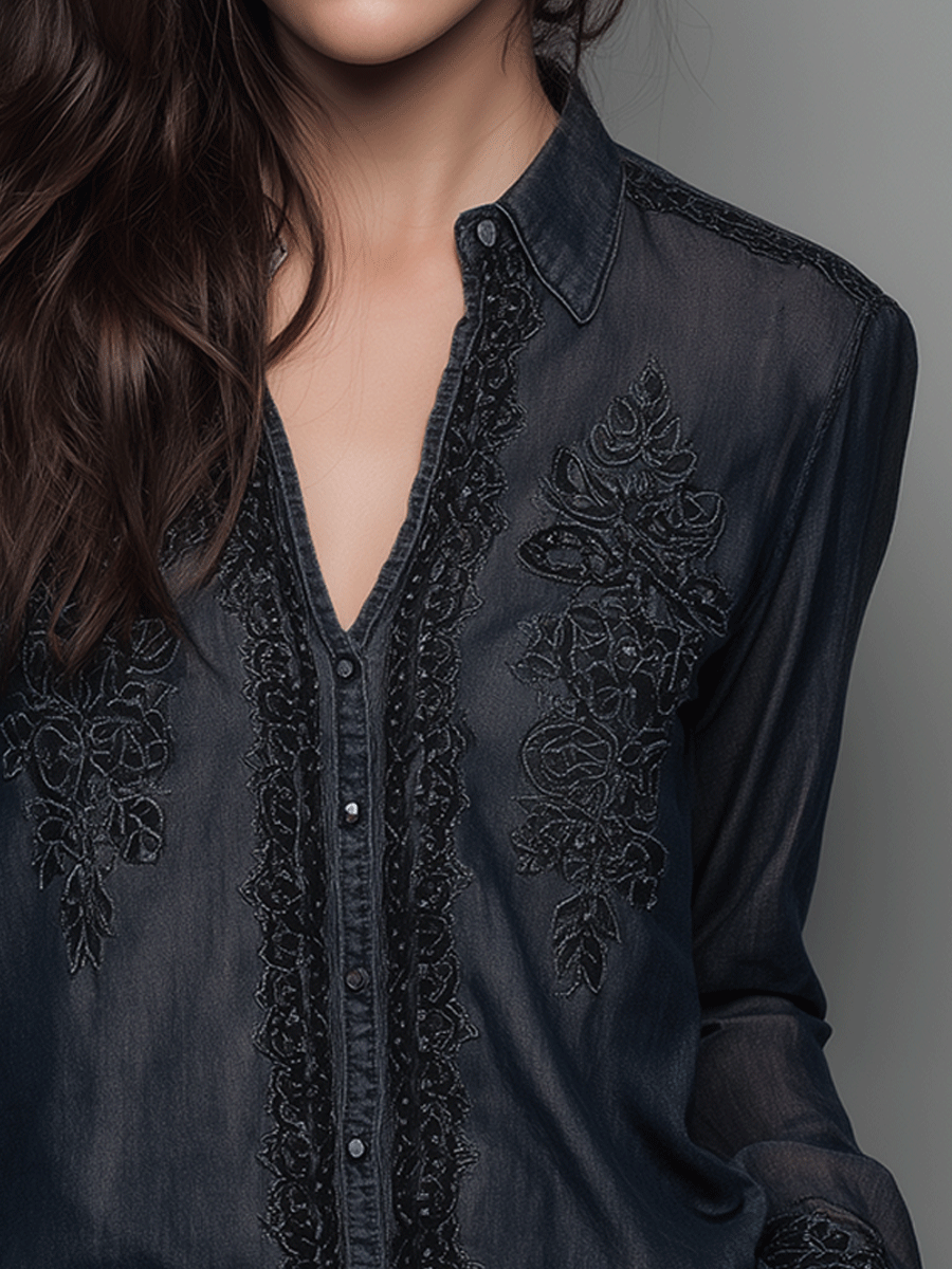 Elegant Dark Blue Chiffon Lace V-Neck Embroidered Shirt