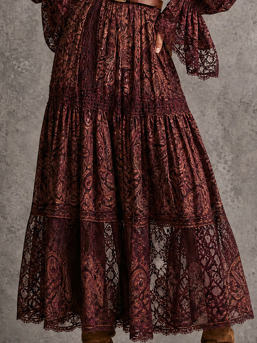Vintage Paisley Lace Tiered Maxi Dress