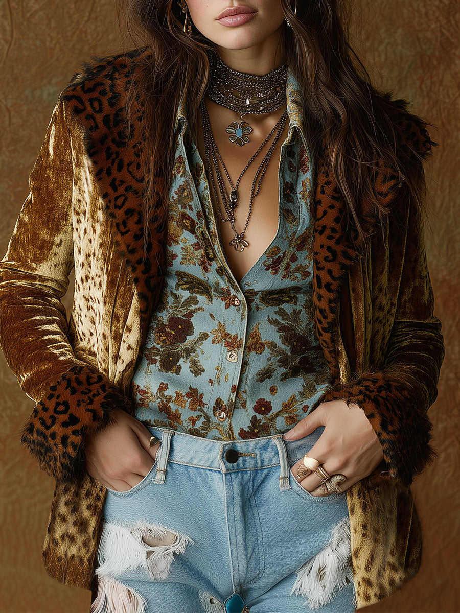 Retro Gold Velvet Leopard Print Stitching Blazer