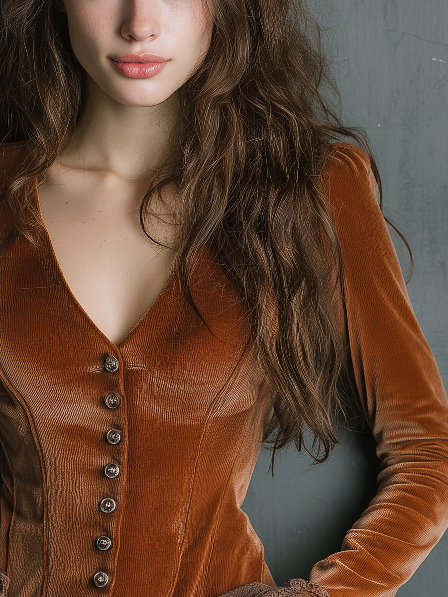 Vintage V-neck Lace Cuffs Poly Velvet Blouse