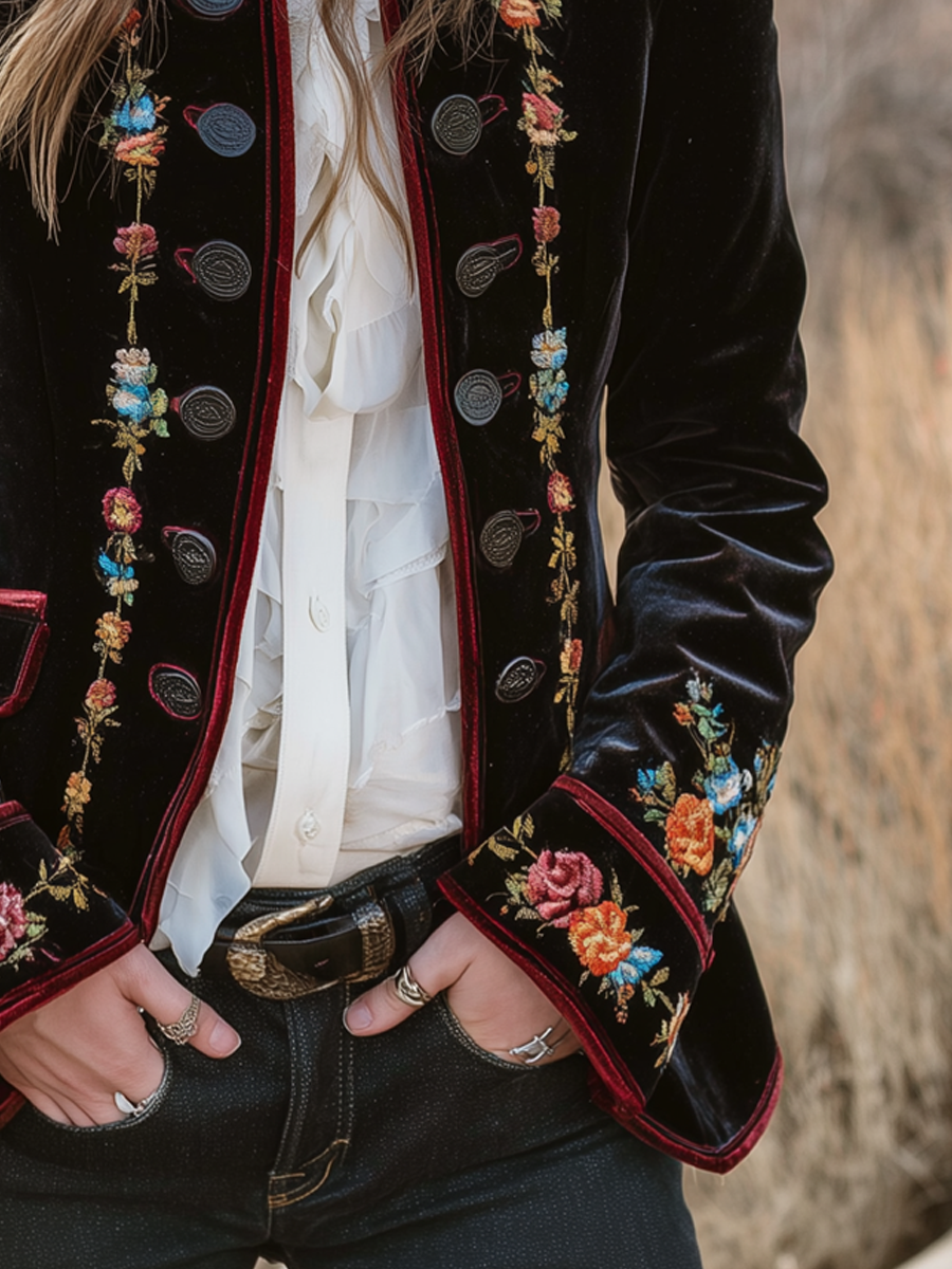 Vintage Floral Embroidered Velvet Blazer