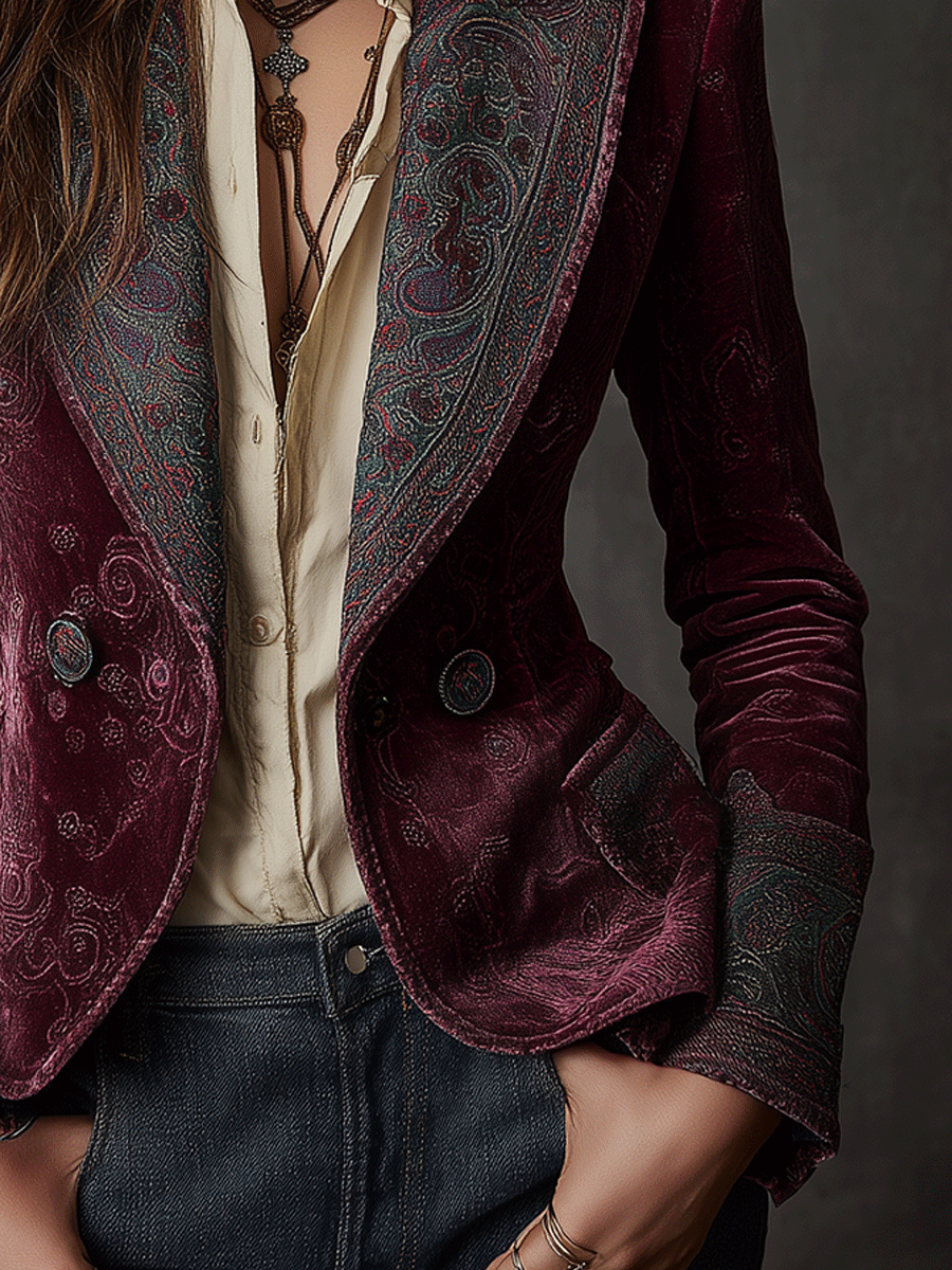 Vintage Burgundy Velvet Paisley Trim Blazer