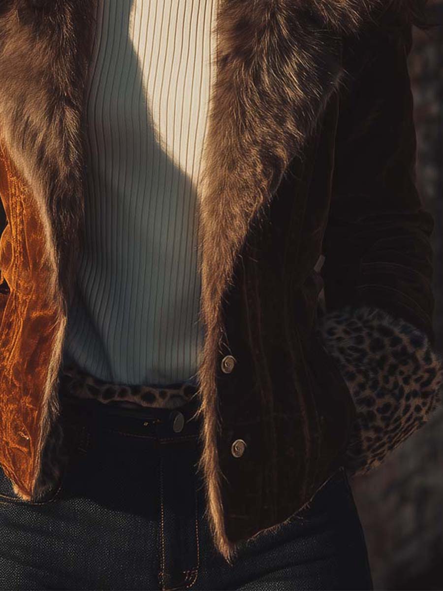 Leopard Trim Eco-Suede Fur Jacket – Amber Brown