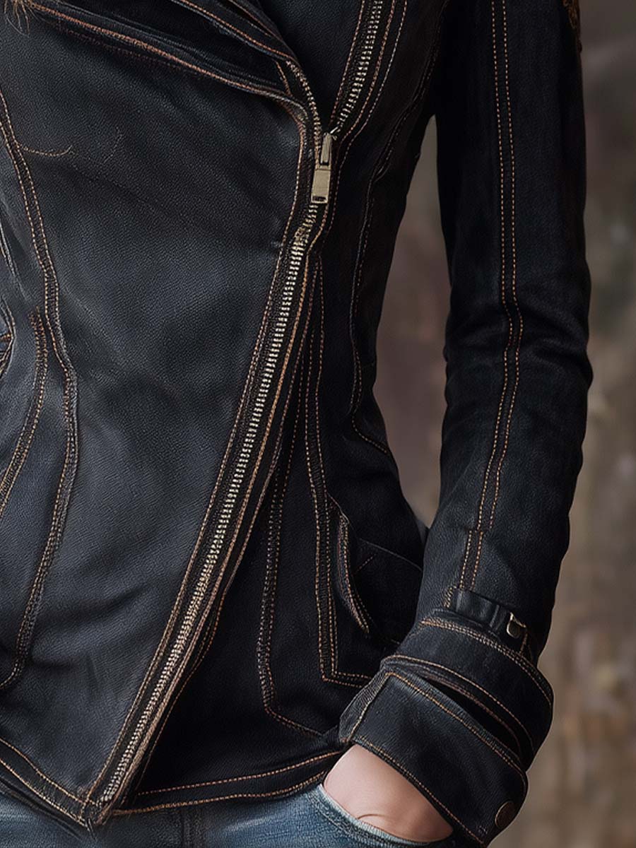 Vintage Washed Denim Moto Jacket – Charcoal Edge