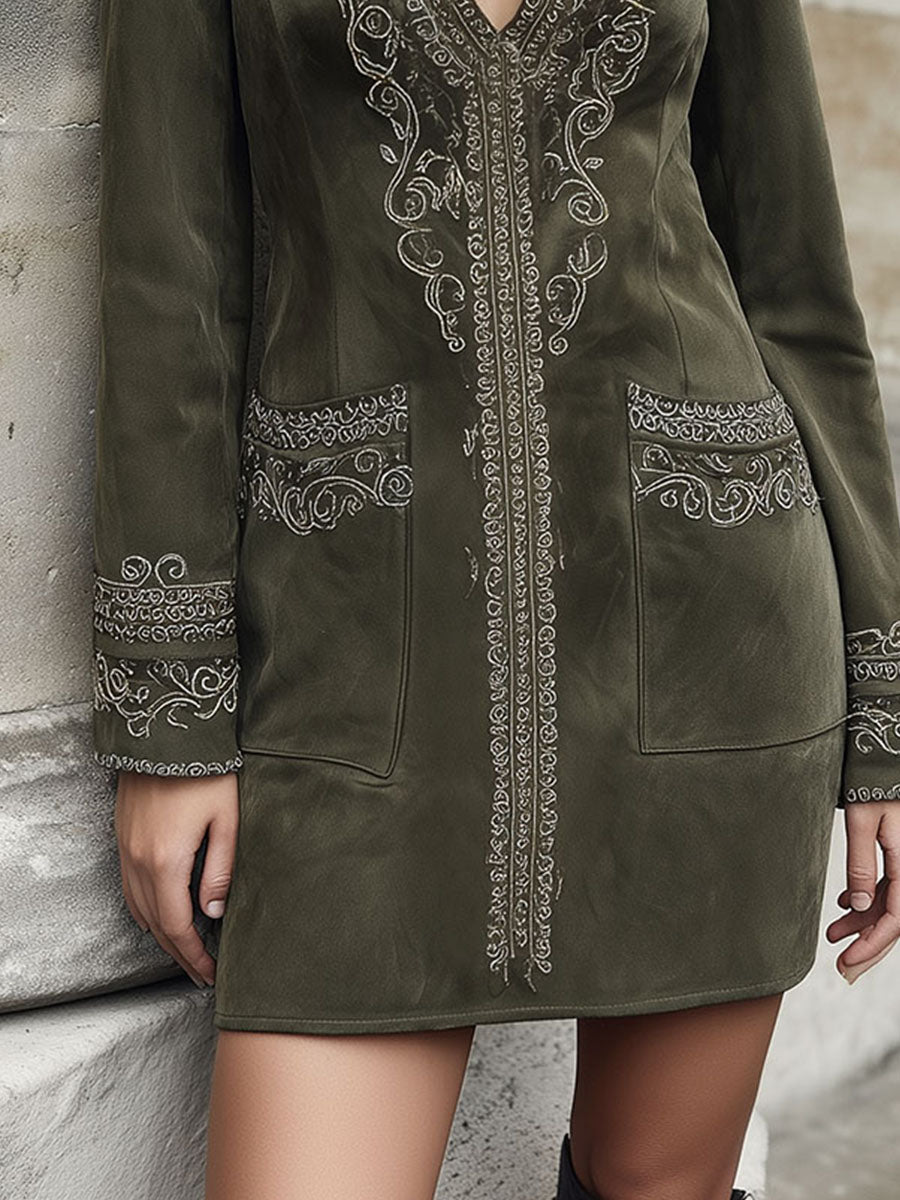 Intricate Embroidery Olive Green Suede Tunic Dress With Pockets