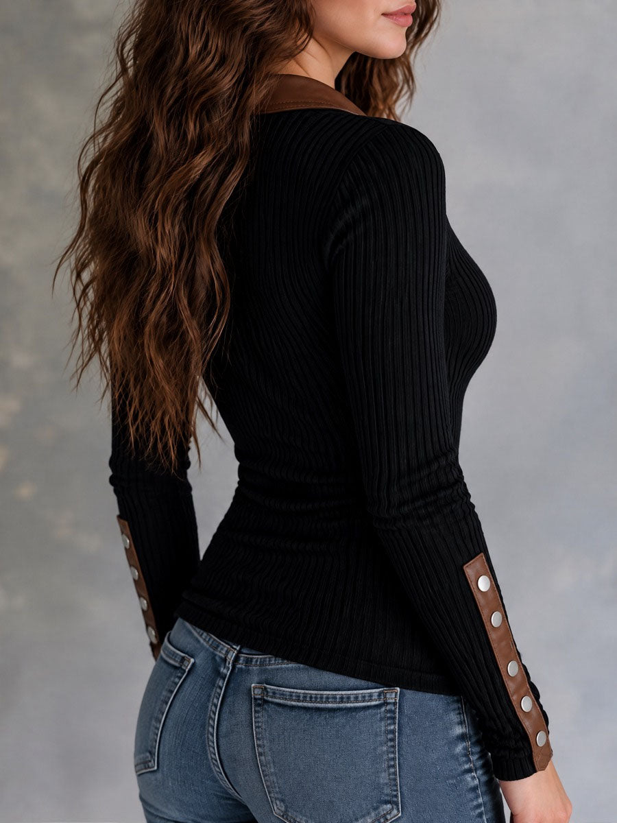 Retro Black Ribbed Knit Brown Faux Leather Trim Sweater