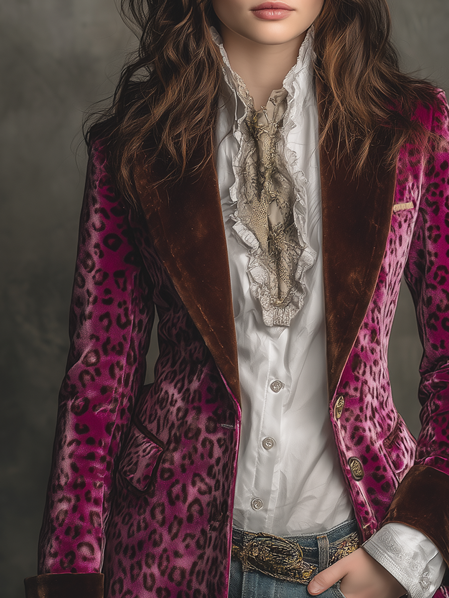Vintage Leopard Print Polyester Velvet Blazer