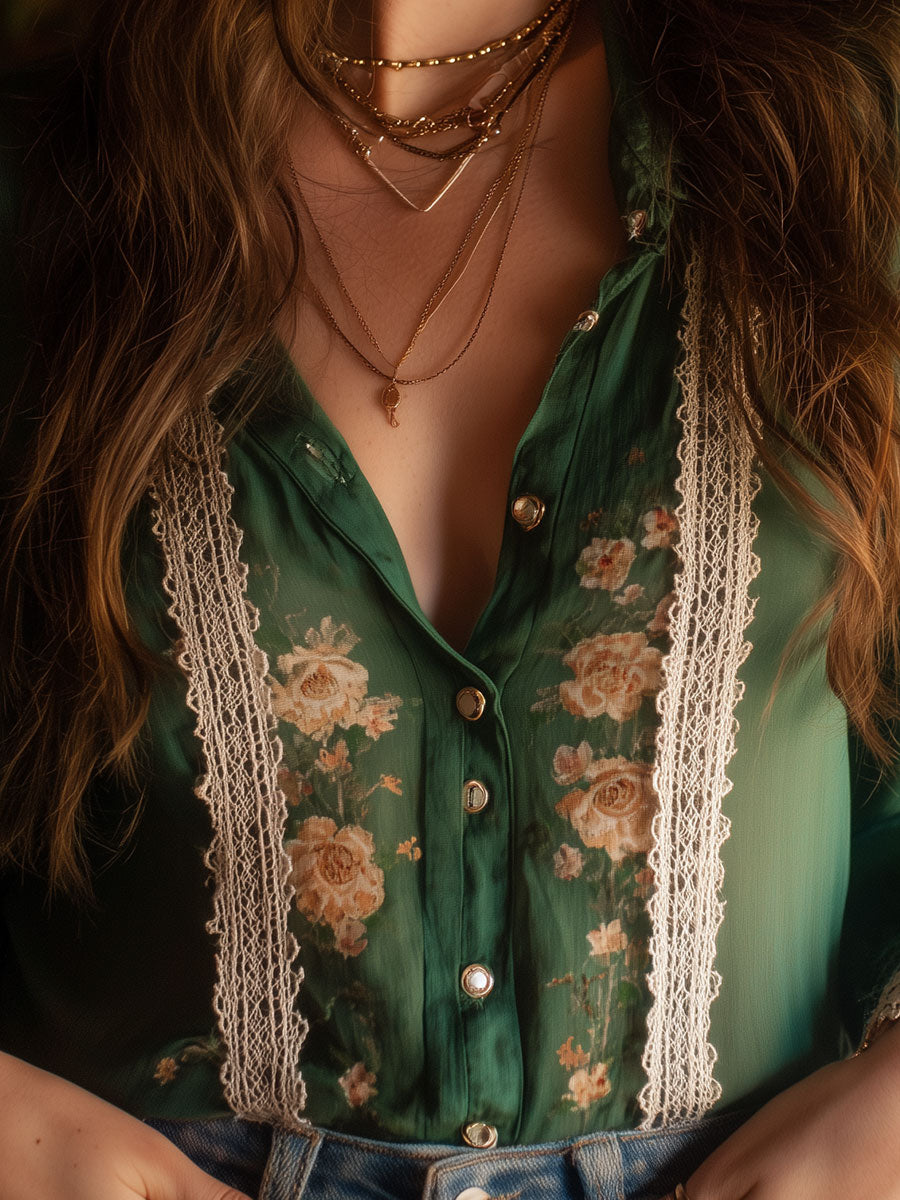 Vintage Chiffon Print Lace Panel Blouse