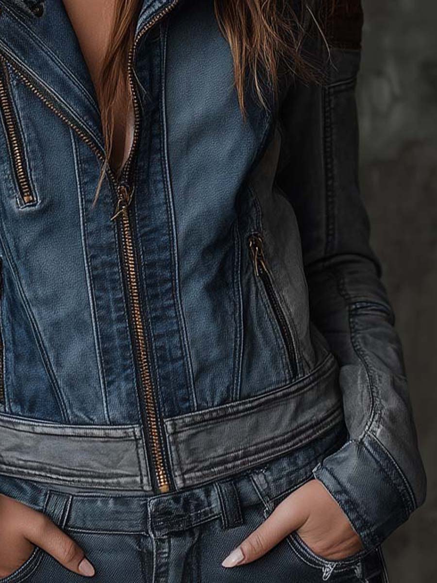 Retro Colorblock Washed Denim Moto Jacket
