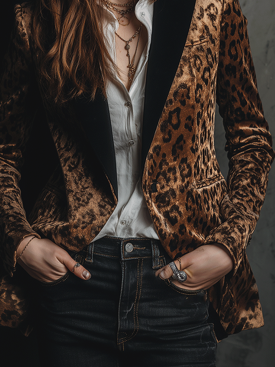 Vintage Brown Velvet Leopard Tailored Blazer