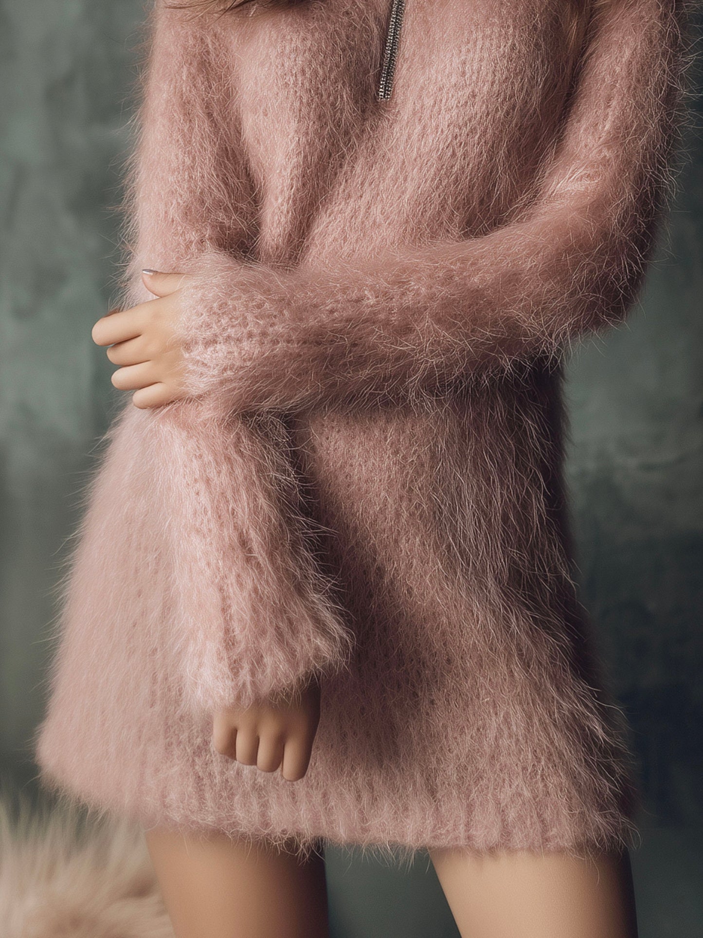 Soft Fluffy Knit Sweater Mini Dress With Half Zip Collar