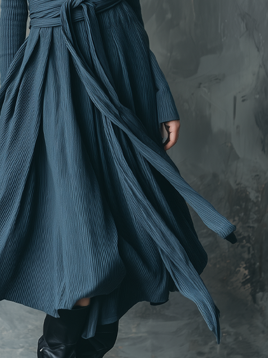 Retro Thread Round Neck Lace-up Midi Dress