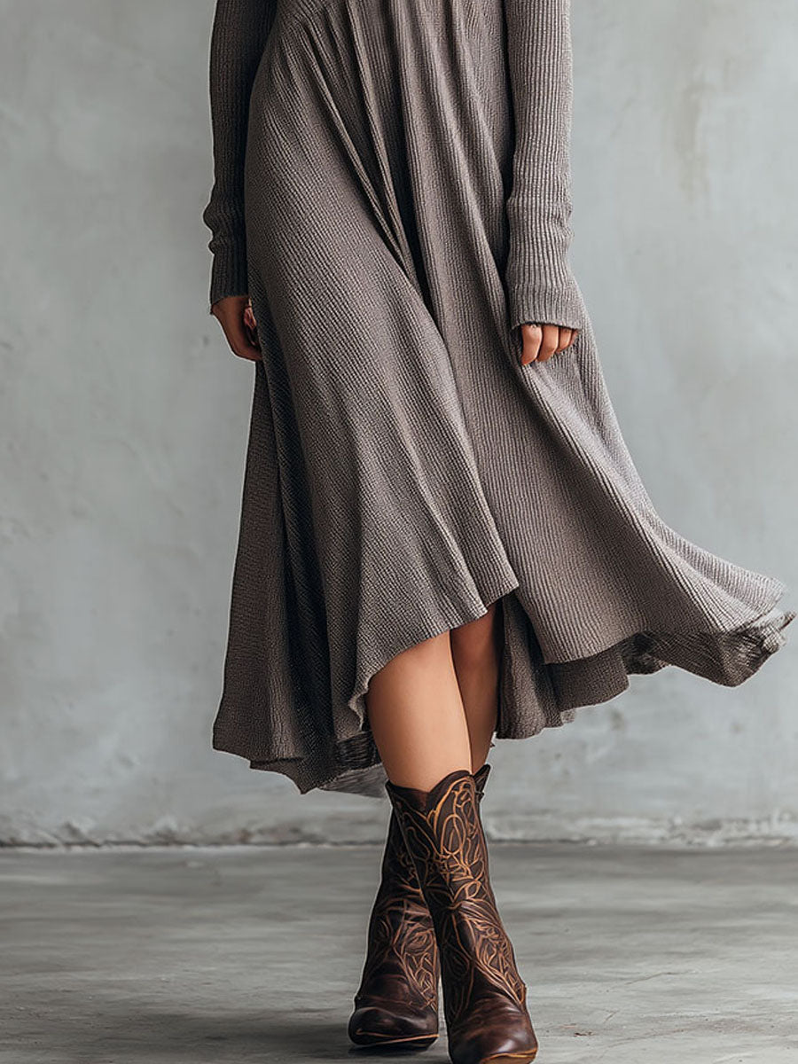 Elegant Taupe Ribbed Texture Fit-and-Flare Midi Dress