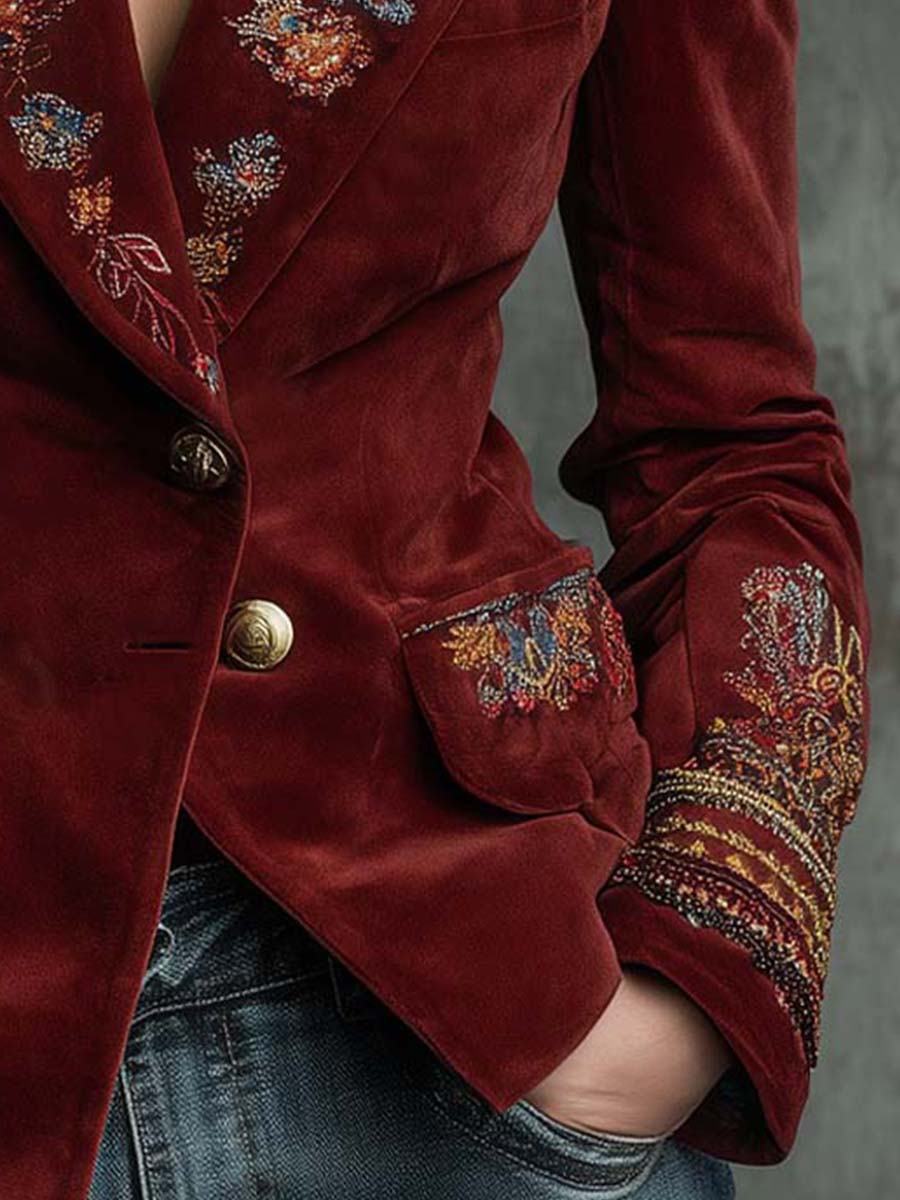 Vintage Burgundy Velvet Embroidered Blazer