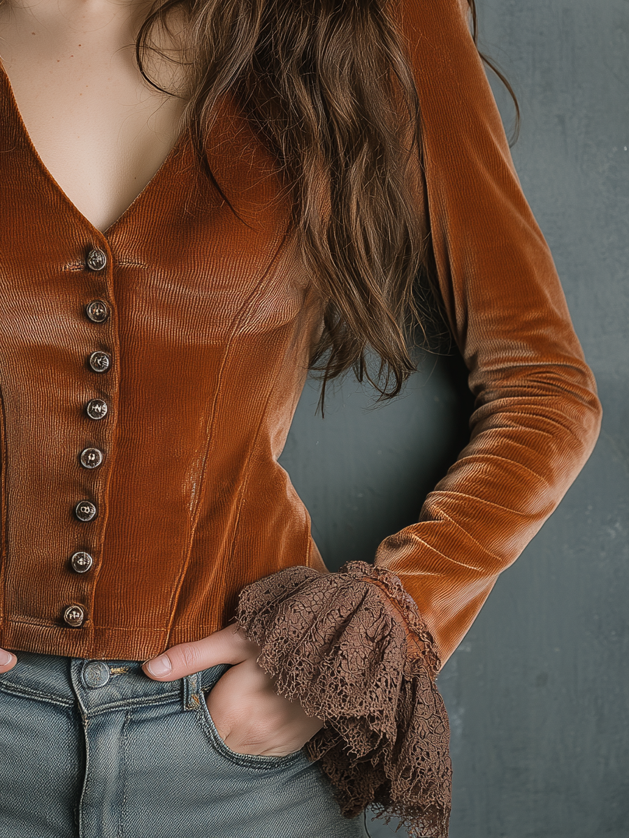 Vintage V-neck Lace Cuffs Poly Velvet Blouse