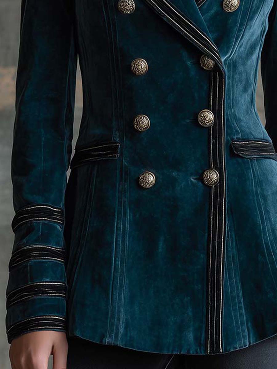 Structured Velvet Military Blazer With Contrast Trim - Dark Teal