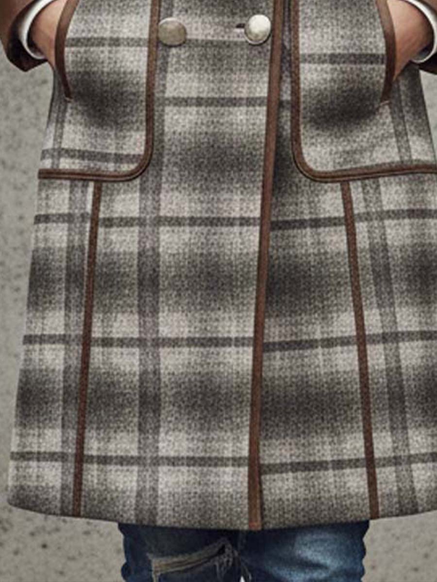 Plaid Print Faux Suede Coat With Leather Trim