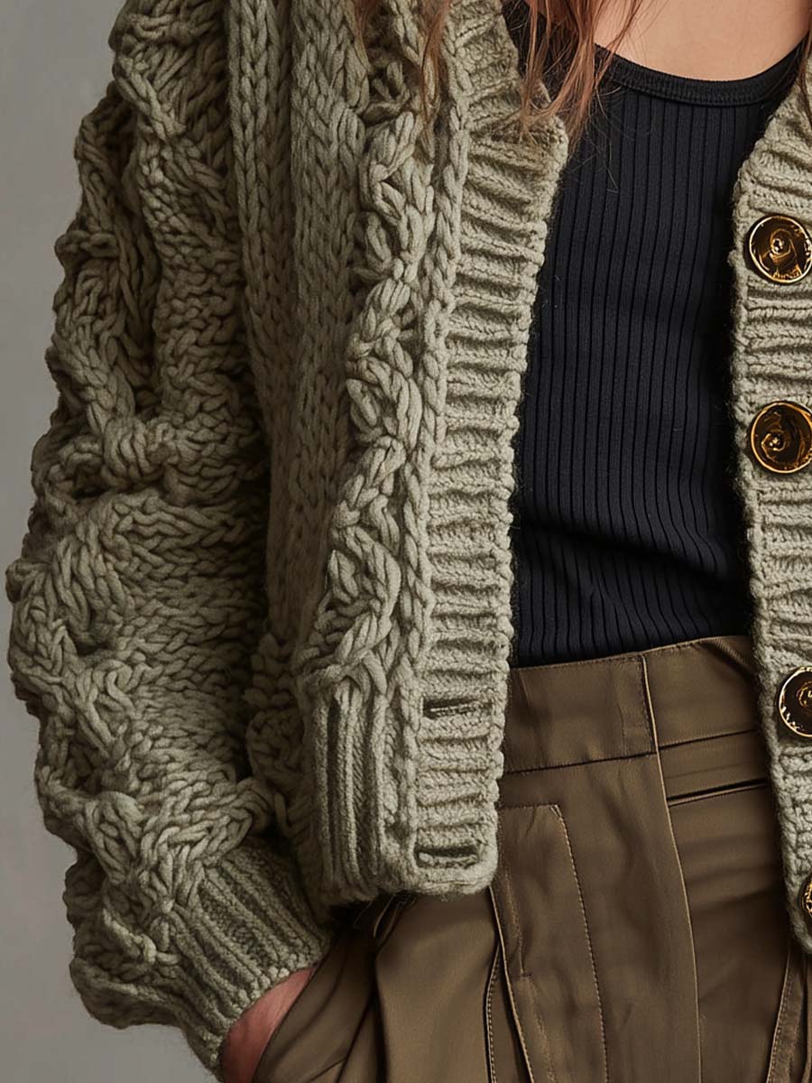 Sage Chunky Twisted Knit Cardigan With Gold Buttons