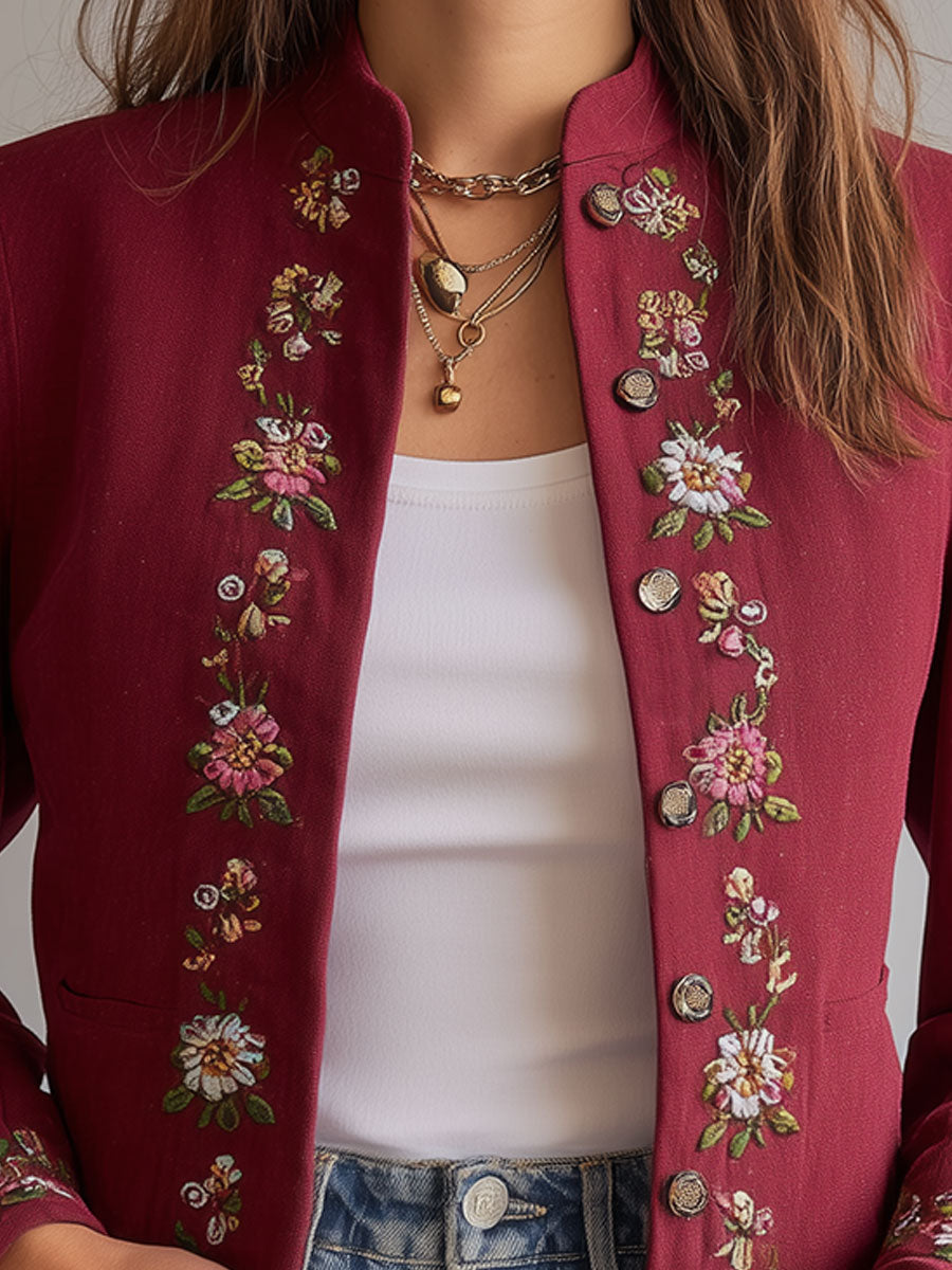 Retro Stand Collar Floral Embroidered Short Jacket