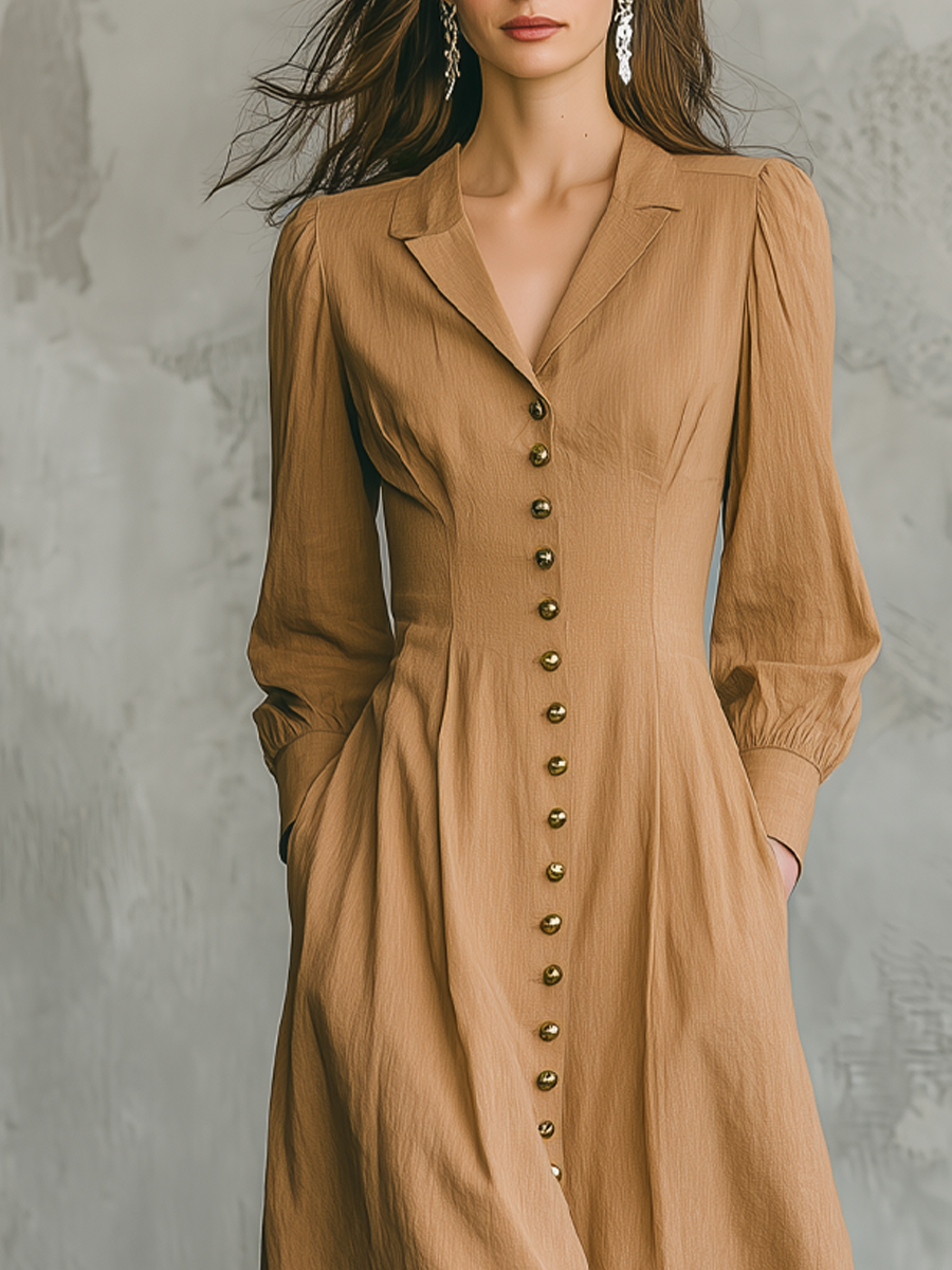 Retro Lapel Button Fitted Waist Midi Dress