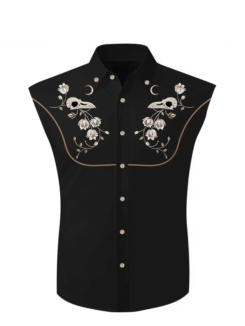Flower And Raven Skull - 100% Cotton Sleeveless Shirt