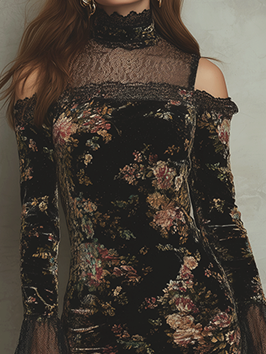 Vintage Black Velvet Floral Lace Cold-Shoulder Mini Dress