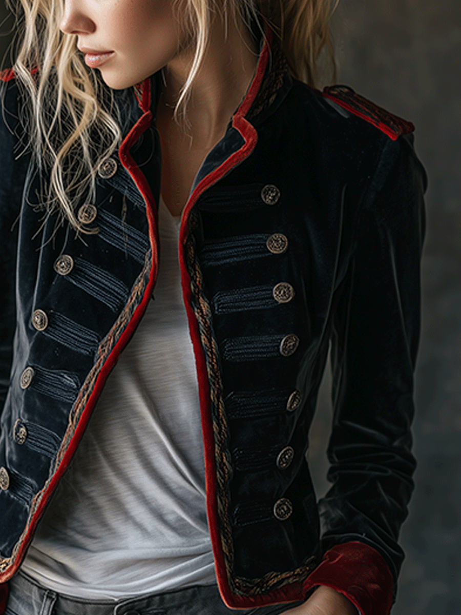 Retro Chic Velvet Military Style Double-Breasted Jacket