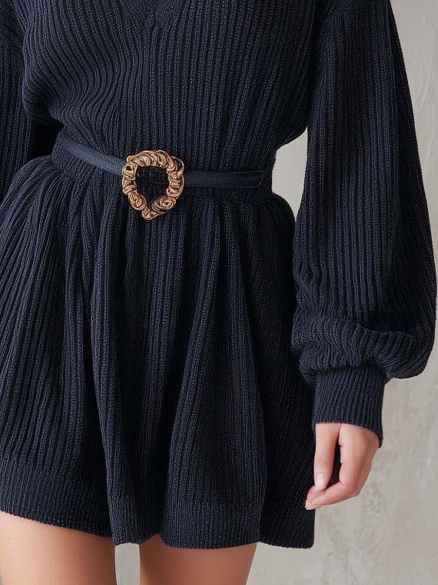 Deep Navy Minimal Chic Soft Ribbed Knit Mini Dress With Belt