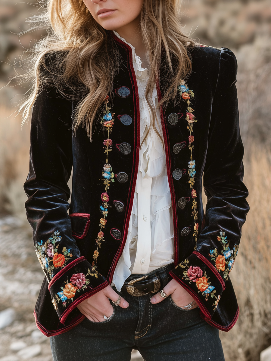 Vintage Floral Embroidered Velvet Blazer