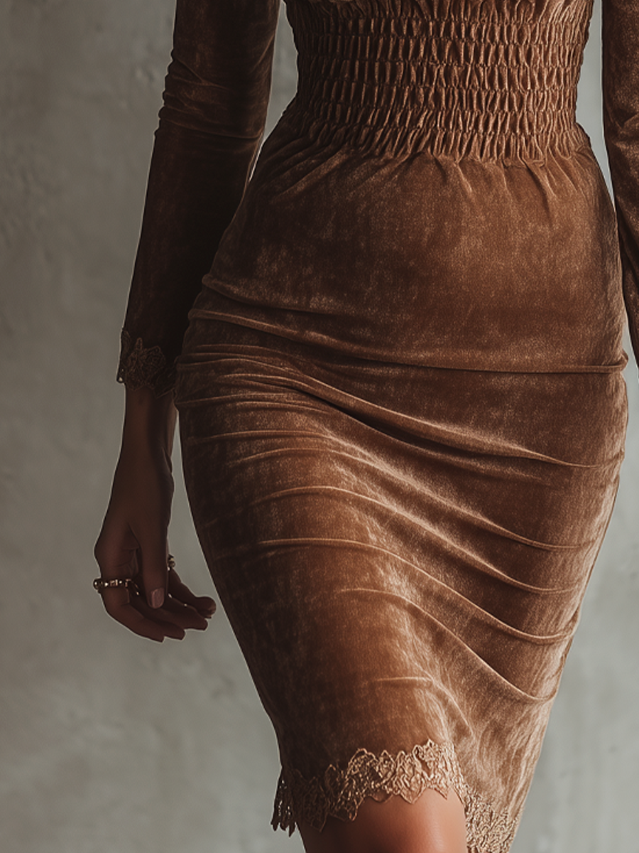 Retro Pleated Waist Lace Trim Bodycon Dress