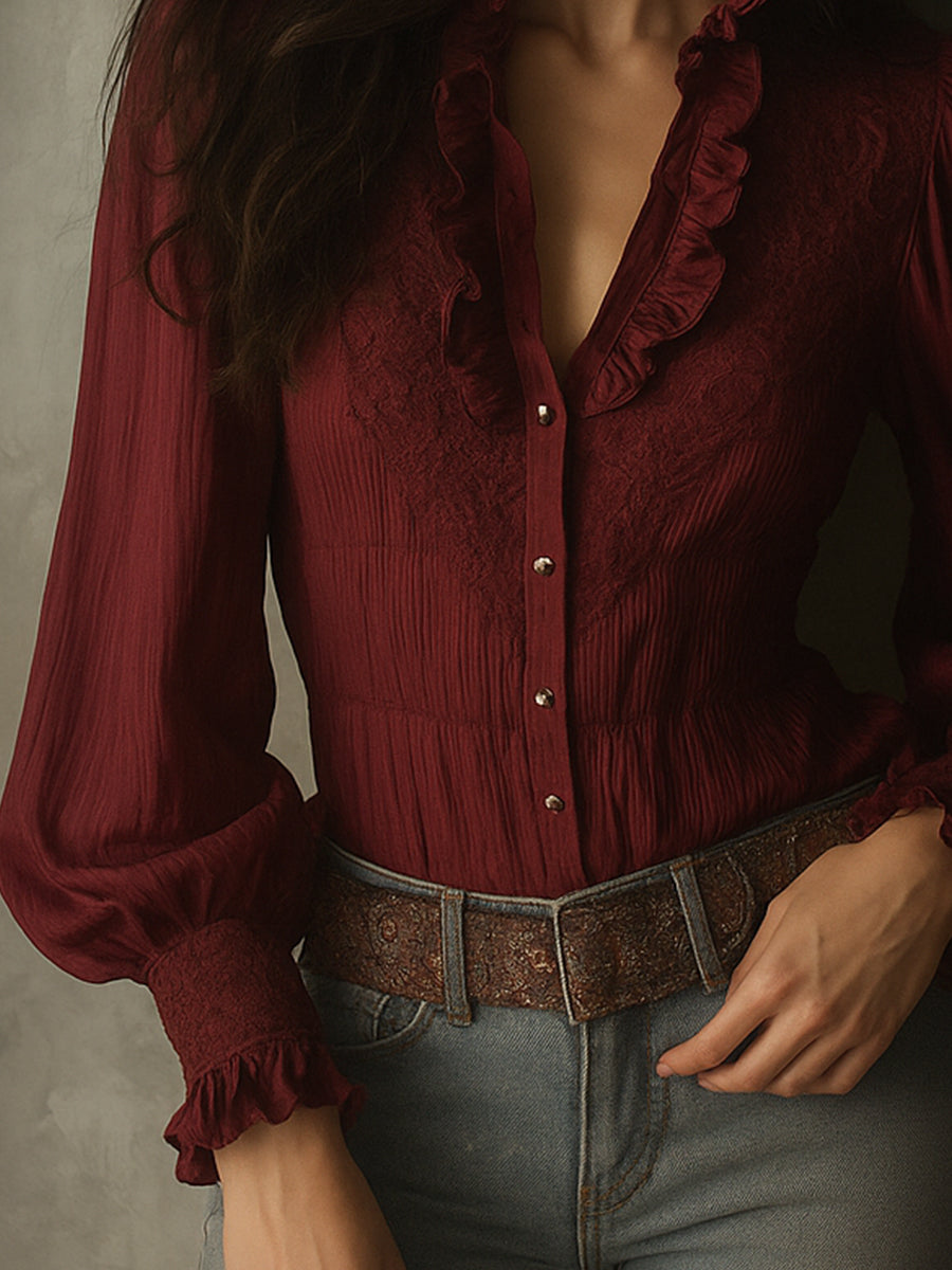 Elegant Lace Ruffle Bell Sleeves Pleated Chiffon Blouse