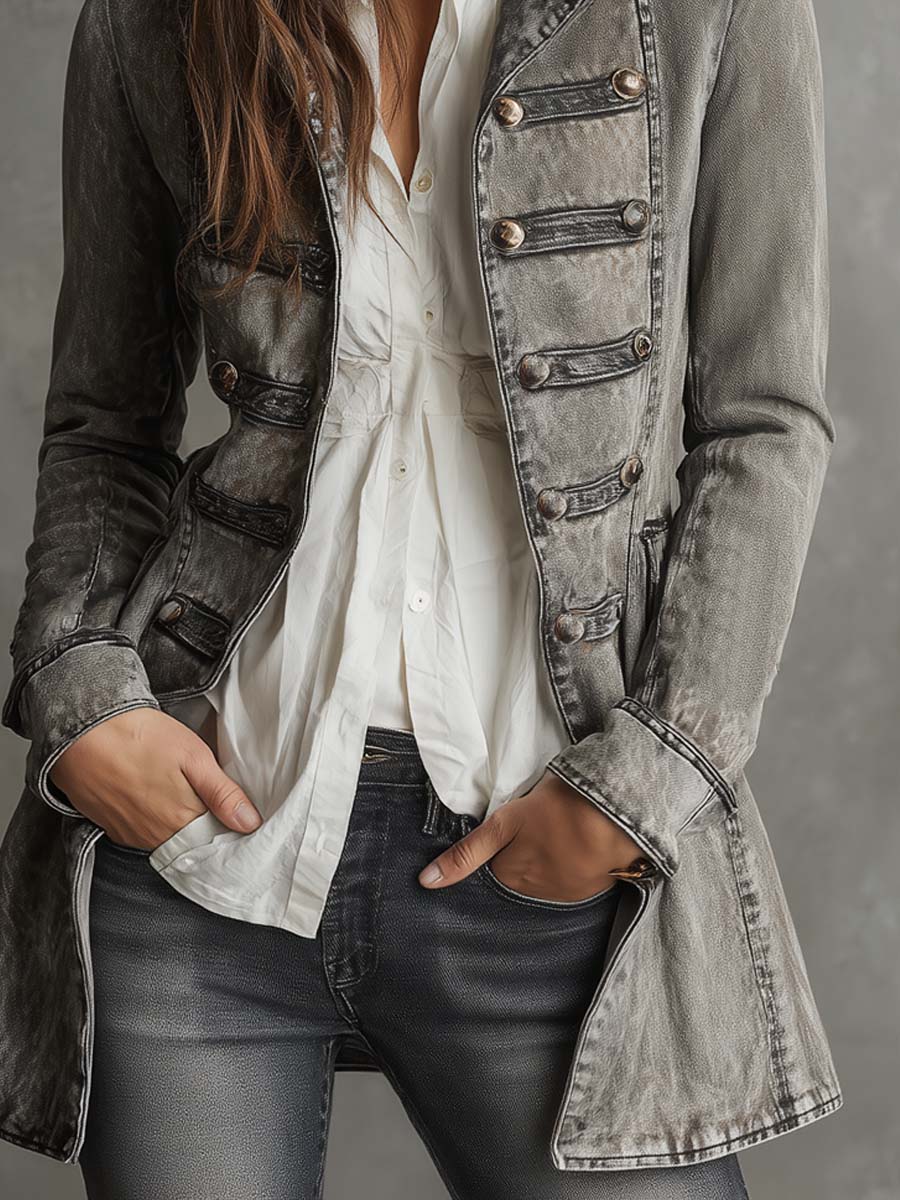 Retro Military Style Washed Denim Jacket