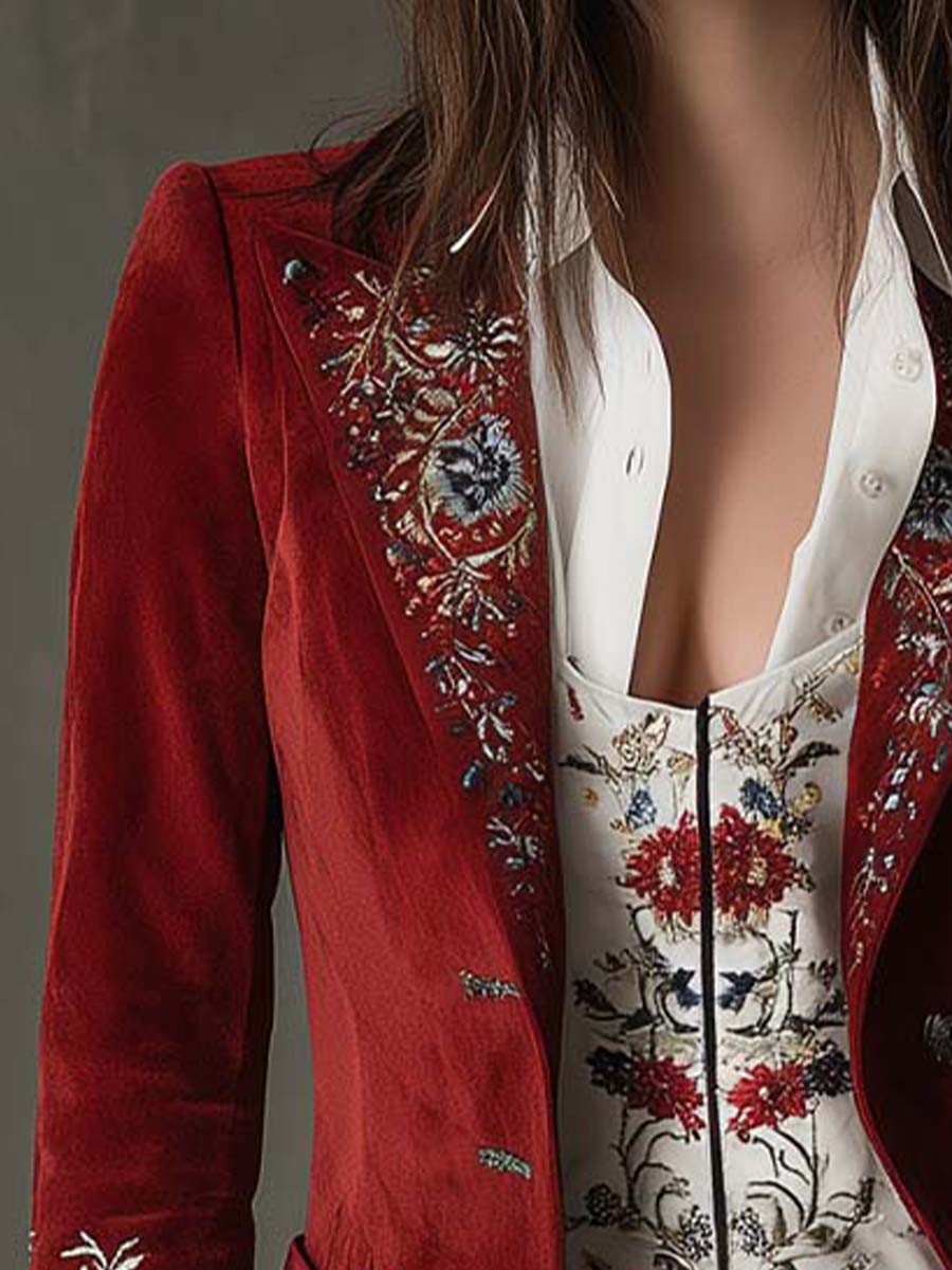 Regal Bohemian Elegance Embroidered Suede Long Blazer