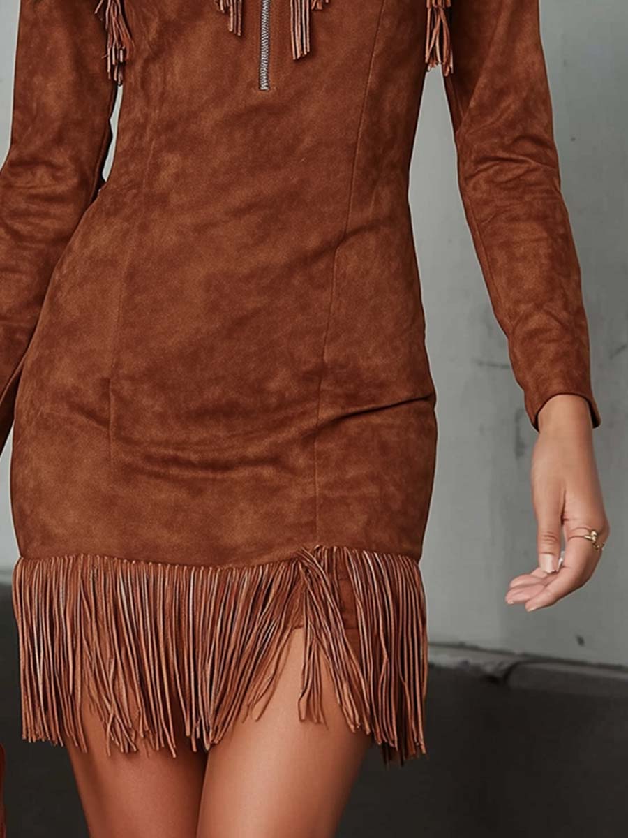 Retro Zippered Collar Tassel Polyester Suede Mini Dress