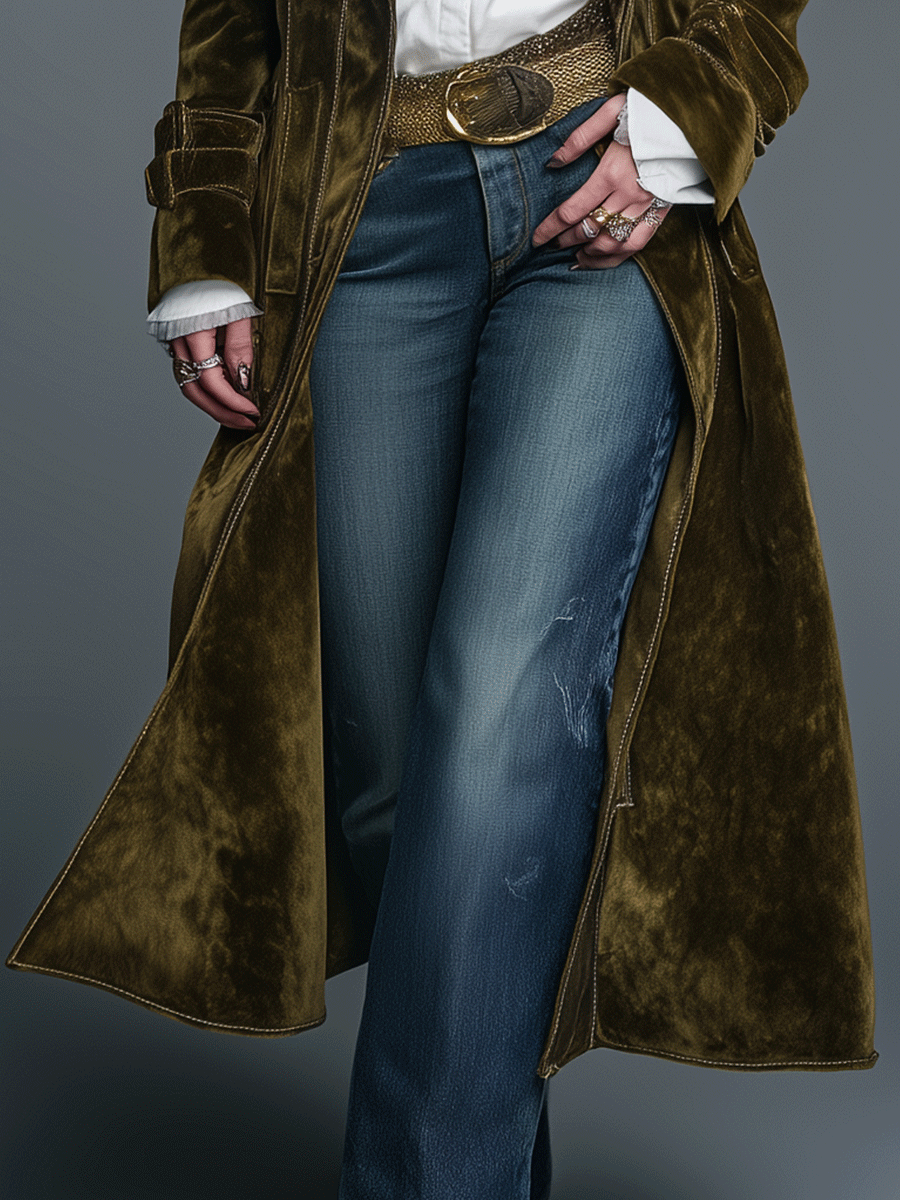 Boho Luxe Olive Velvet Leopard Lapel Long Coat