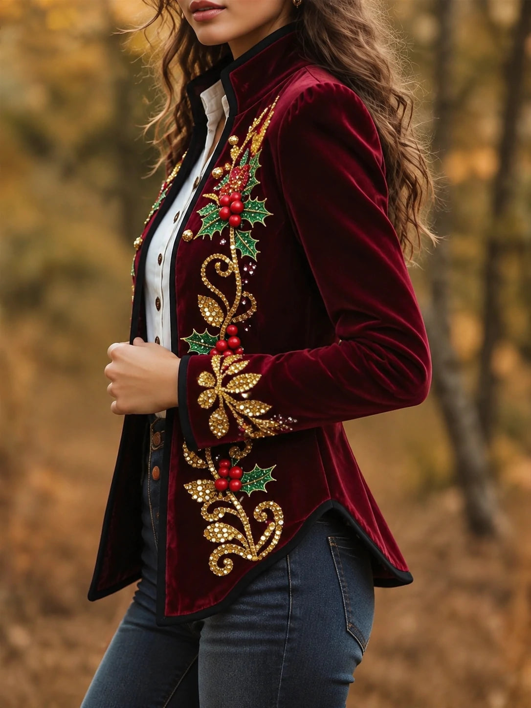 Women's Vintage Western Christmas Embroidered Beads Blazer