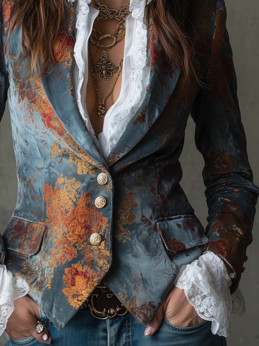Retro Oil Painting Style Polyester Velvet Printed Double-breasted Blazer