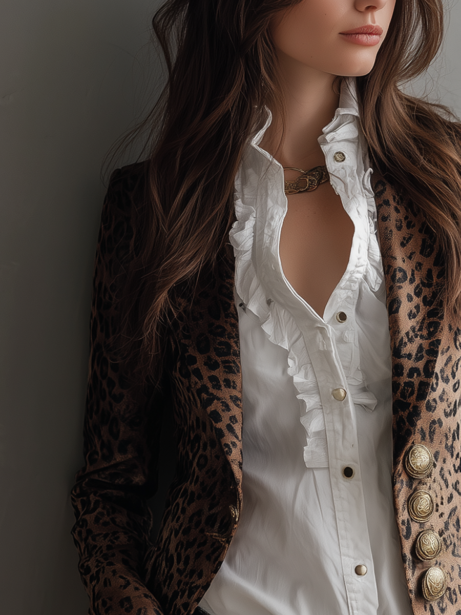 Vintage Button Leopard Print Long-sleeved Blazer