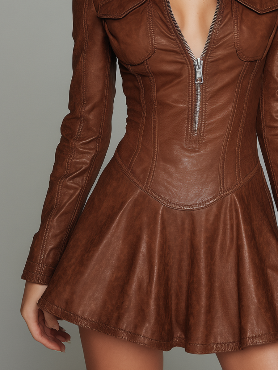 Retro Zipper Collar Flap Pocket Eco-leather Mini Dress