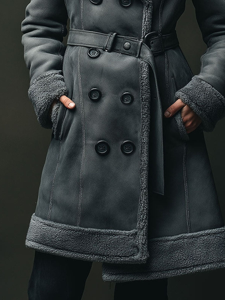 Charcoal Gray Lapel Collar Eco Shearling Double-Breasted Microsuede Coat