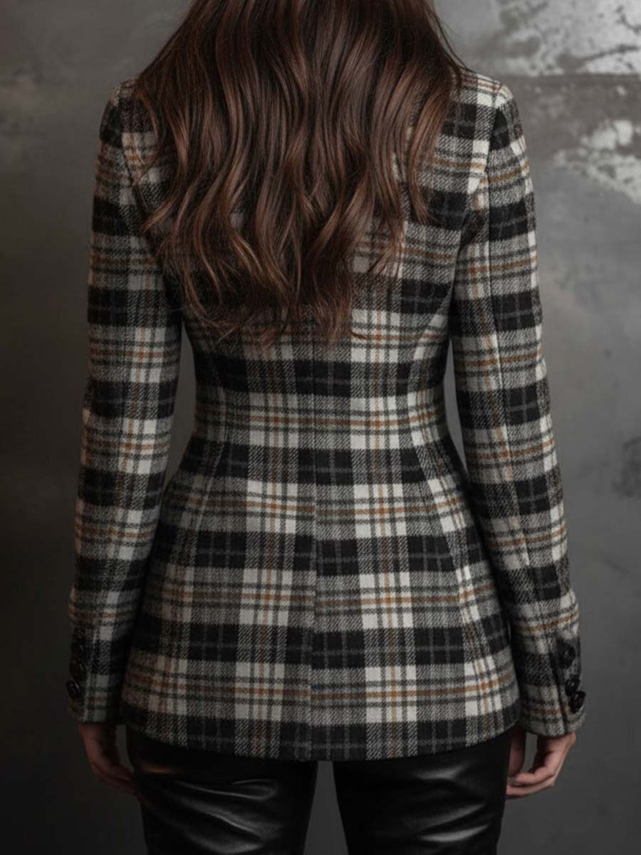 Classic Black And White Plaid Textured Double-Breasted Blazer