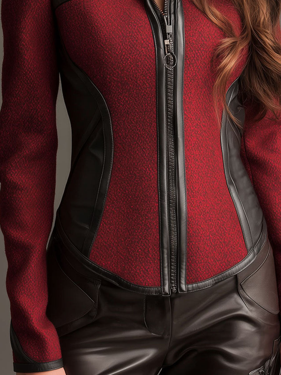 Stand Collar Eco Leather Trim Red Wool-Blend Moto Fitted Jacket