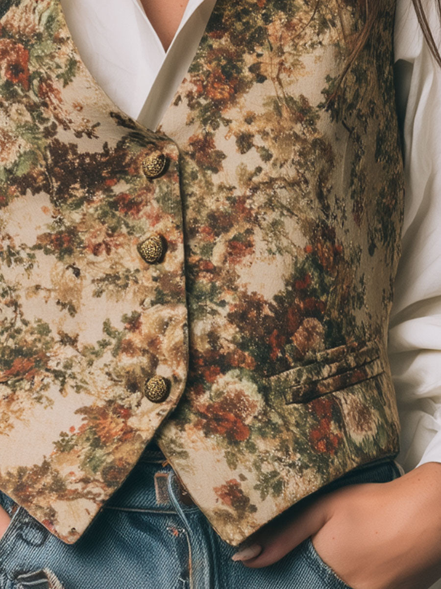 Vintage Oil Painting Flower Print Vest