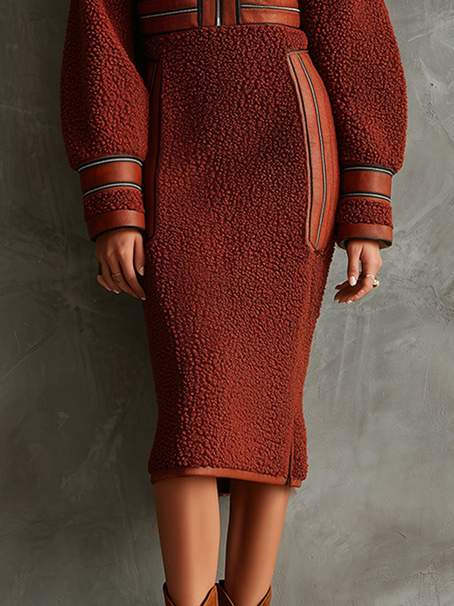 Boho Utility Elegance Polar Fleece Zip Midi Dress