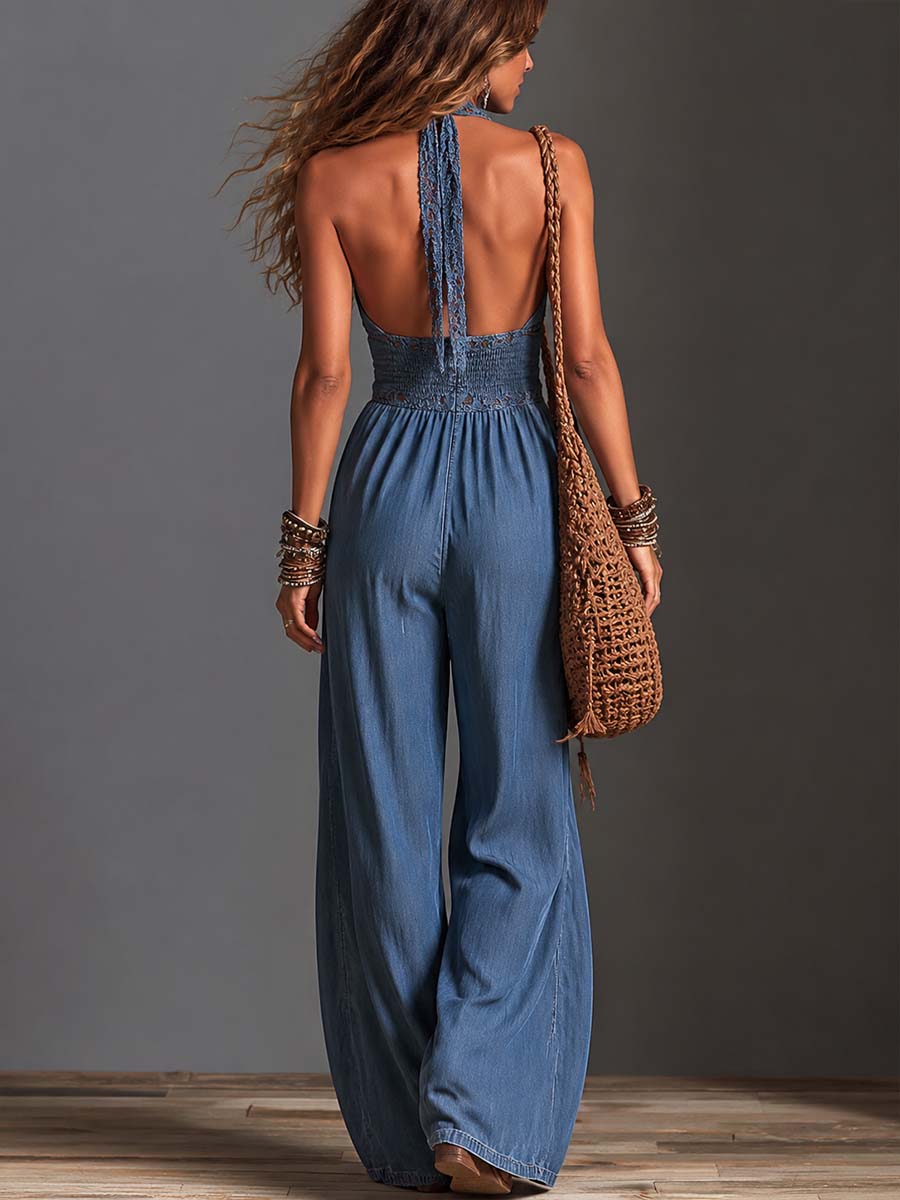 Boho Chambray Denim Halter Lace-Trim Deep V Backless Wide-Leg Jumpsuit