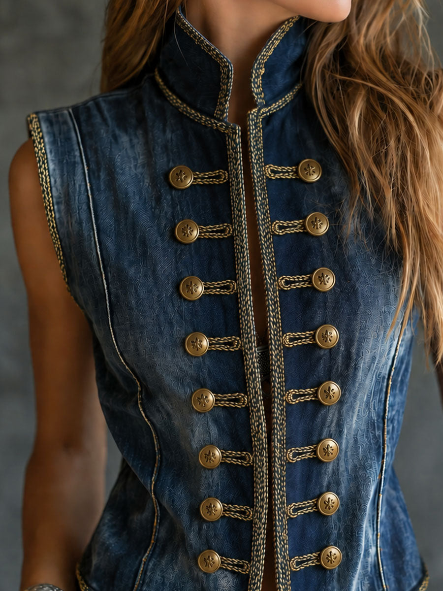 Retro Washed Denim Stand Collar Double Breasted Stitch Trim Vest